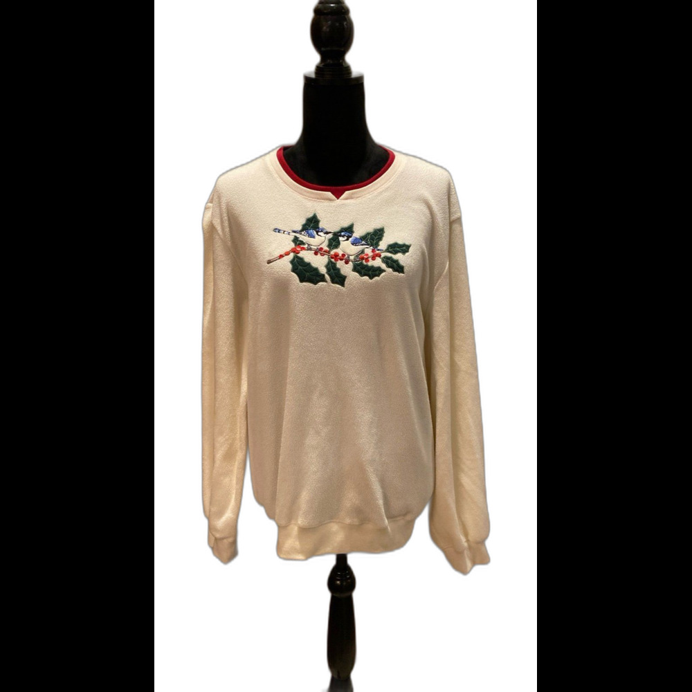 Vintage Christmas Sweatshirt‎ Cream Color Size 1X w/ Unique Embroidery Blue Jays